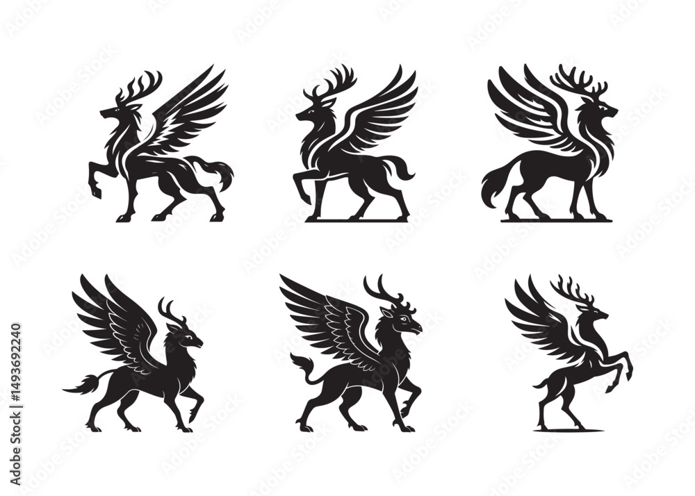 Obraz premium Set of Six Winged Deer Illustrations in Black Silhouette Style