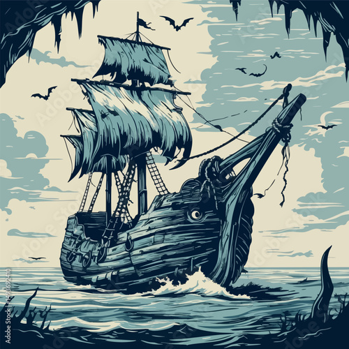 Ribbed warship with jaw anchor. Linocut horror fantasy vector of sentient marine wreck.