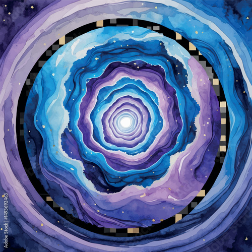 Pixel portal vector. Watercolor vortex in fantasy style with pixel geometry.