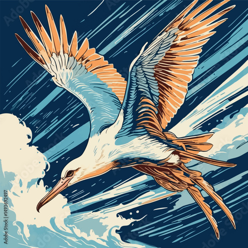Frigatebird in linocut flight. Vector marine bird with forked tail and dramatic wingspan.