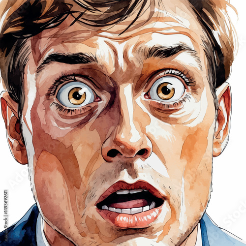 Shocked man portrait. Watercolor reaction in dynamic expressive lines.