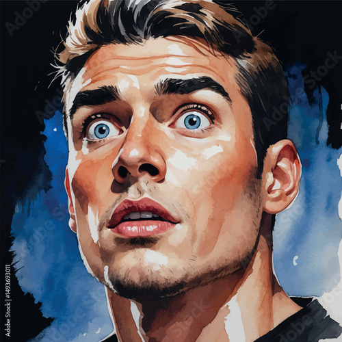 Surprised man vector. Watercolor portrait of curiosity and alertness.
