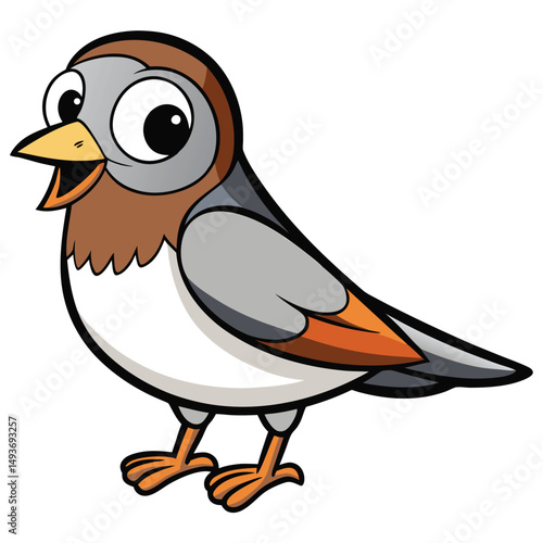 Cheerful cartoon bird with brown head and gray wings stands smiling openly