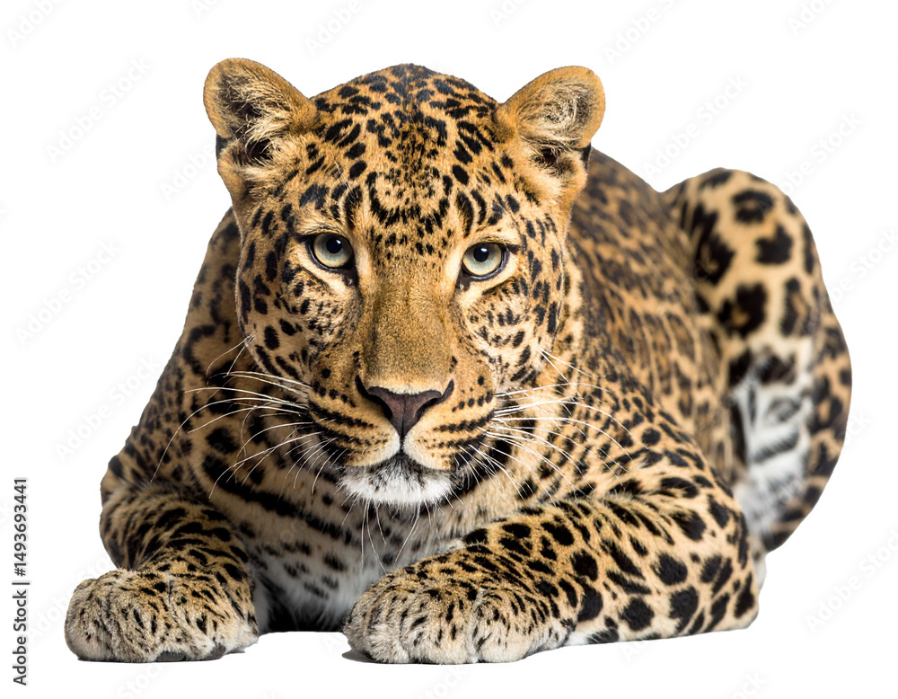 Obraz premium Leopard liegend isoliert auf weißen Hintergrund 