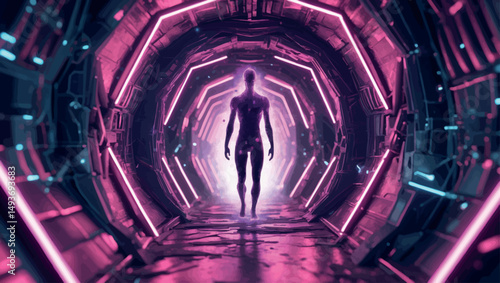 Neon wormhole with dissolving figure. Psychedelic sci-fi vector corridor of symbols and pattern flux.