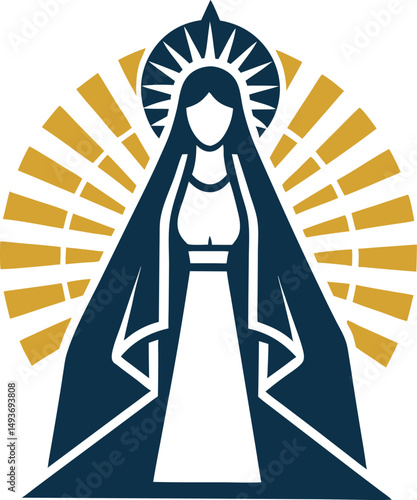 Minimalist illustration of virgin mary with halo and shining sunburst on display