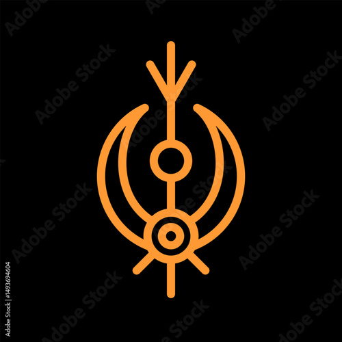 Abstract tribal symbol. Aliens logo with planets and stars. Rock painting line icon