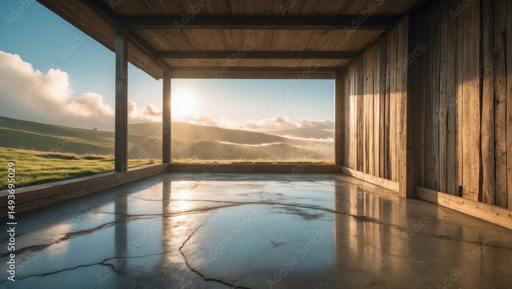 Fototapeta premium An area with a concrete flooring, a vacant wall of old wooden planks, a landscape view behind, and sunlight illuminating the room.