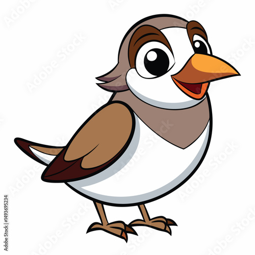 Joyful cartoon sparrow with a brown head and white belly cheerfully stands alone