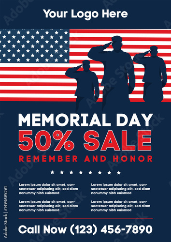 Memorial Day with American Flag Background Banner. Vector Illustration. U.S. Flag. United States Flag, USA army soldiers saluting, Greeting card for Veterans Day, Independence Day, Remember and Honor.
