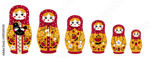 Russian doll. Collapsible, wooden opening toy, matrioshka bundle, traditional flower patterned decor, decorative woman figurines, gradually decreasing, cartoon isolated garish vector set