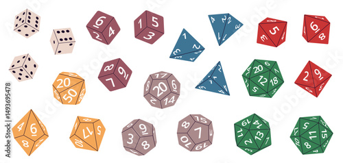 Rpg game dices. Multifaceted color figures, board game plastic requisite, playing elements with numbers, various roles, polyhedron different shapes, nowaday vector isolated set