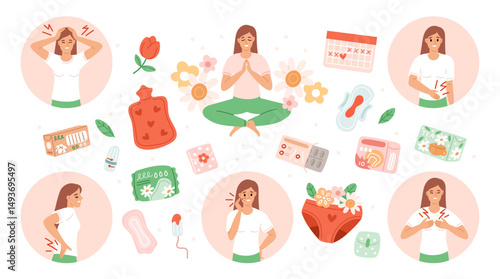 Premenstrual syndrome symptoms. Woman with menstrual abdominal pain, stress, female hygiene items, acne, mood, suffering girl, period calendar, PMS cartoon isolated icons garish vector set