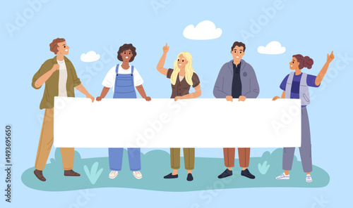 People group holding long blank banner. Public demands, protesters with placard, demonstration of disagreement, characters together cartoon flat style garish vector concept