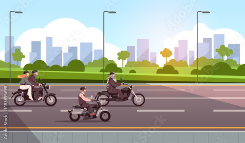 Motorbike riders. Bikers group on city highway, rockers on motorcycles, rocker people in leather jackets driving along road, urban landscape, cartoon flat isolated tidy vector concept