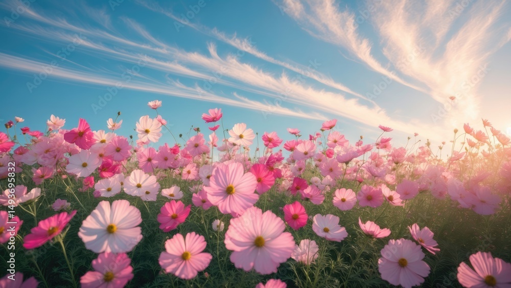 Obraz premium In full bloom, cosmos flowers shine under the mild sun, contrasted by a backdrop of clouds. The vivid petals flutter in the light breeze, crafting a peaceful and scenic view.