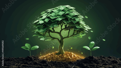 Investment Growth and Financial Success - Seed Growing into Money Tree, Business Prosperity Concept