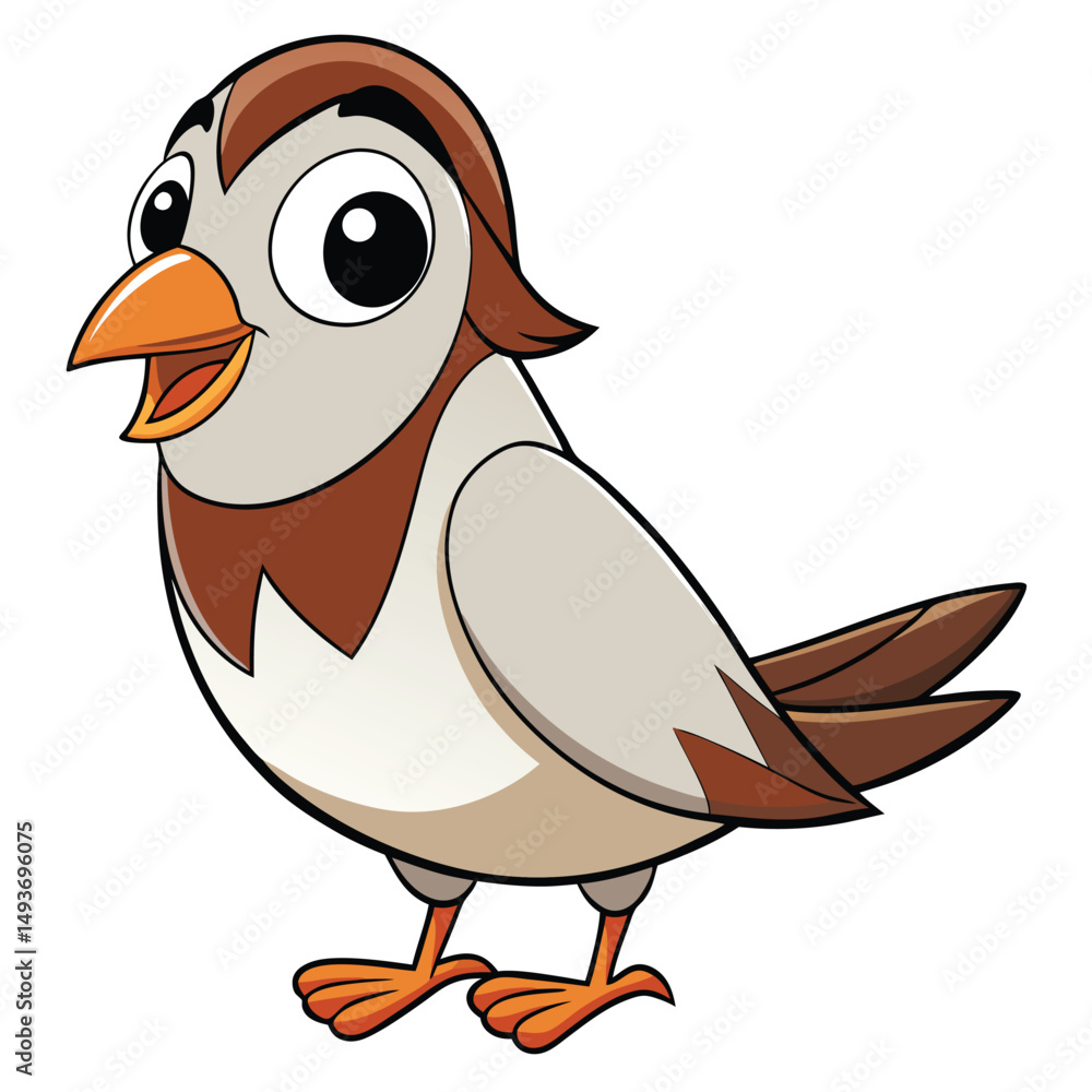 Fototapeta premium Cheerful cartoon sparrow stands happily, showcasing its brown and gray feathers with orange beak