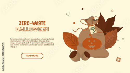 Eco-Friendly Halloween Banner with Zero-Waste Theme. Sustainable Halloween web banner. Eco-friendly halloween concept. Flat style. Eco-conscious autumn celebrations. Vector illustration