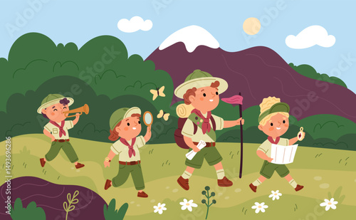 Kids go camping. Little scouts kids on nature, funny rangers, orientation on map, outdoor adventures, hikers walk, boys and girls cartoon flat style isolated garish vector tourism concept