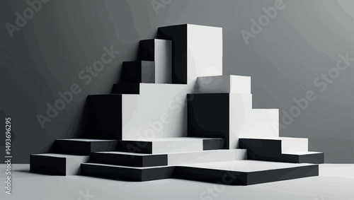 Stacked monochrome shapes. Bold minimalist vector with black and white contrast and asymmetry.