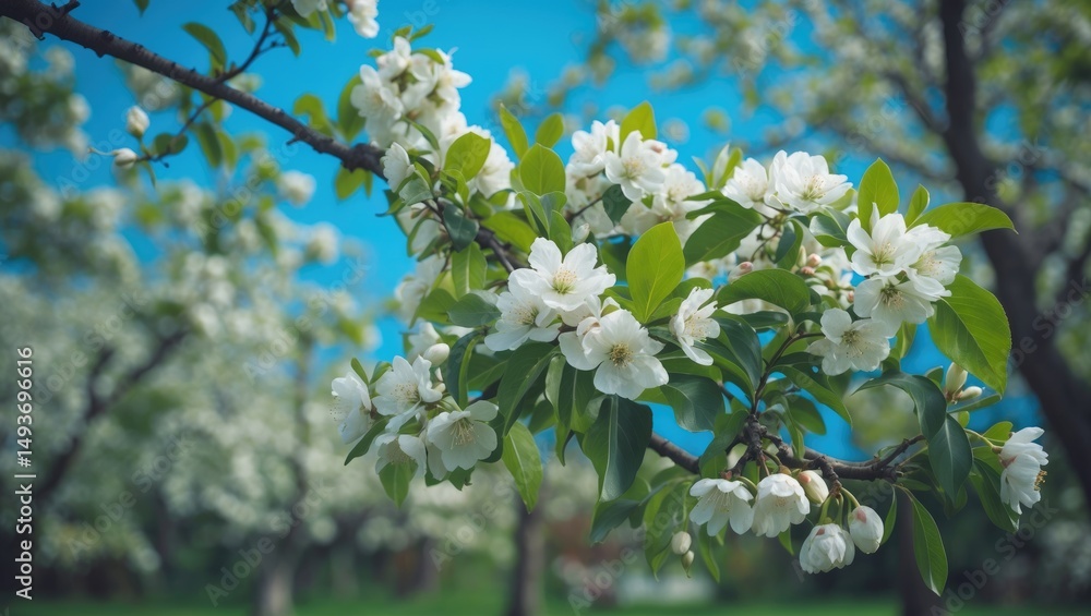 Fototapeta premium Lovely Branch on a Spring Day with Blooming Pear Flowers