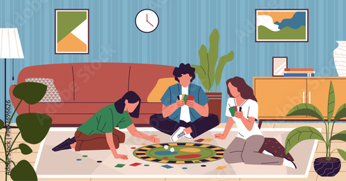 Friends playing role game. Board games at home, happy people roll dice, guy and girls sitting on floor in room, collective hobby, joint activity cartoon isolated nowaday vector concept