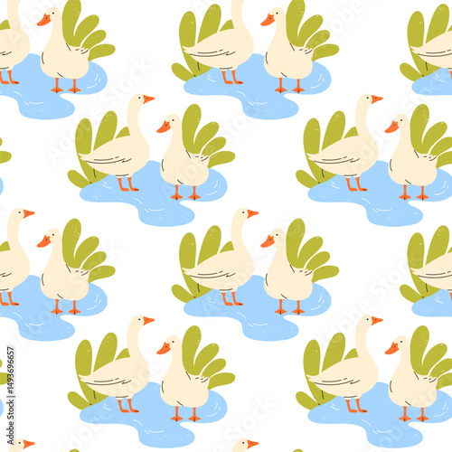 Seamless pattern of two geese in pond. Domestic animals outdoors. Poultry farming concept. Harmony with nature vibe. Cottagecore and rustic farm countryside aesthetic. Isolated vector illustration	
