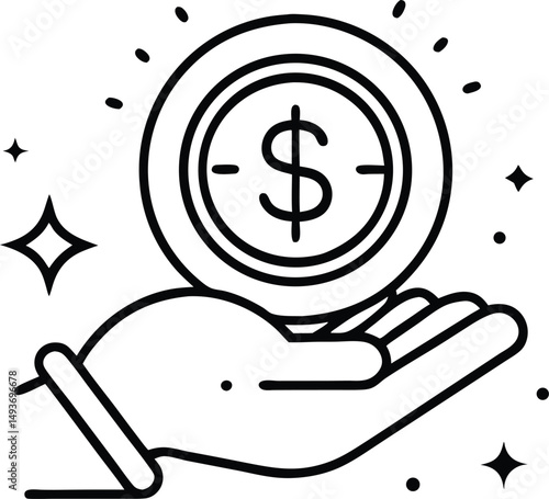 Silhouette hand presenting a dollar coin symbolizing financial concepts and investments