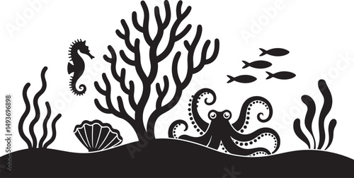 Underwater World Silhouette with Octopus Seahorse and Coral Reef on Ocean Floor
