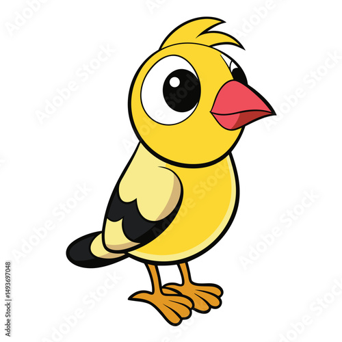 Cheerful cartoon yellow bird with big eyes and a red beak gazes upwards curiously