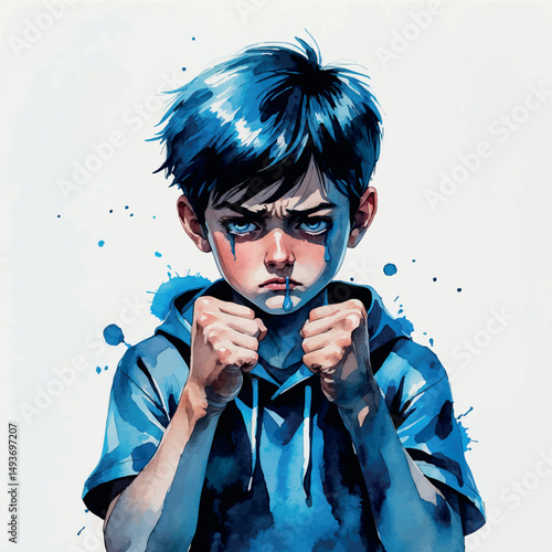 Angry tear portrait. Watercolor boy with mixed emotion and tension.