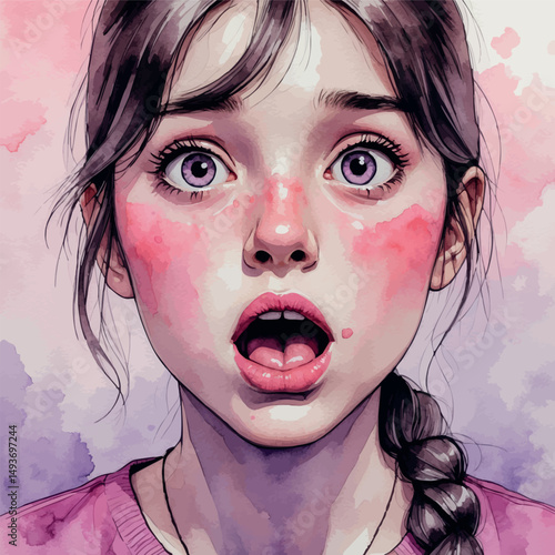 Nervous teen portrait. Watercolor emotion of hesitation and wonder.
