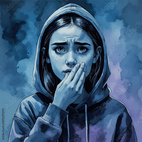 Shocked teen portrait. Watercolor emotion in youthful detail.