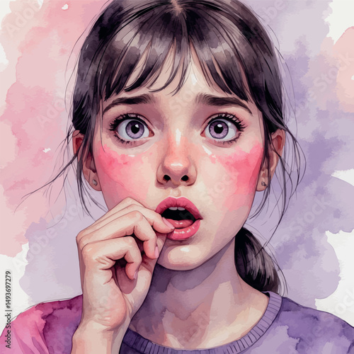 Nervous teen portrait. Watercolor emotion of hesitation and wonder.