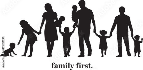 Silhouette Family First Illustration Depicting Parents and Children in Black and White