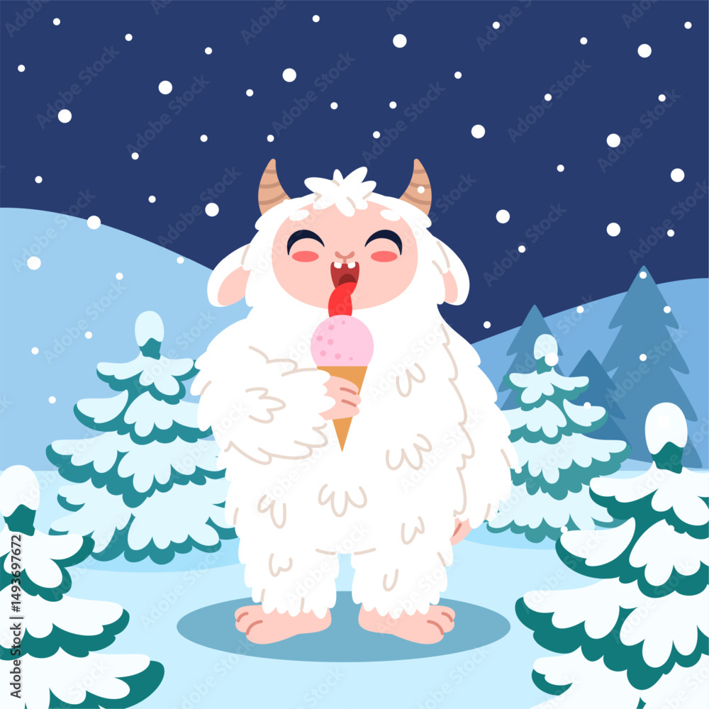 Cute yeti eating ice cream. Fluffy bigfoot in winter forest, snowy landscape, sasquatch character, funny fantastic creation, cartoon flat style isolated childish classy vector concept Cute yeti eating ice cream. Fluffy bigfoot in winter forest, snowy landscape, sasquatch character, funny fantastic creation, cartoon flat style isolated childish classy vector concept