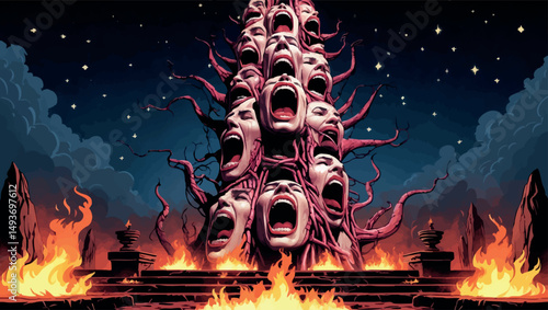 Tower of screaming faces. Vector eldritch fantasy of horror ritual and flesh-made structure.