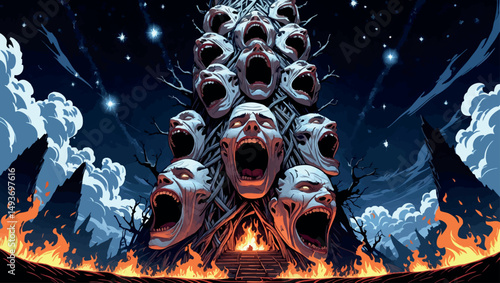Tower of screaming faces. Vector eldritch fantasy of horror ritual and flesh-made structure.