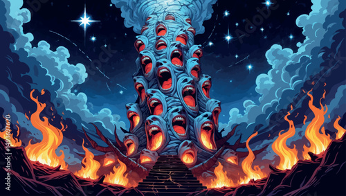 Tower of screaming faces. Vector eldritch fantasy of horror ritual and flesh-made structure.