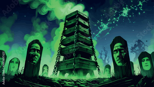 Coffin tower with green mist. Dark fantasy vector illustration of a cursed structure under shattered stars.