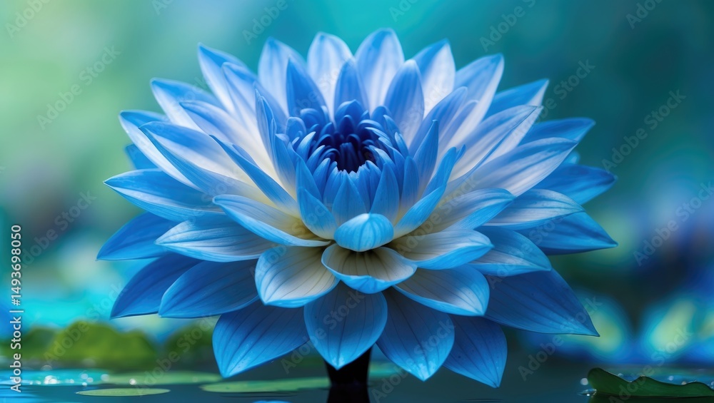 Obraz premium Macro Shot of Blue Dahlia Flower. Close-up of a lively flower bathed in bright sunlight. The center of the flower is symmetrically positioned in the frame. Blue background offering copy space.