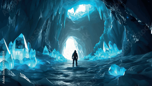 Glowing crystal cave with explorer. Immersive vector scene with icy depth and blue light.