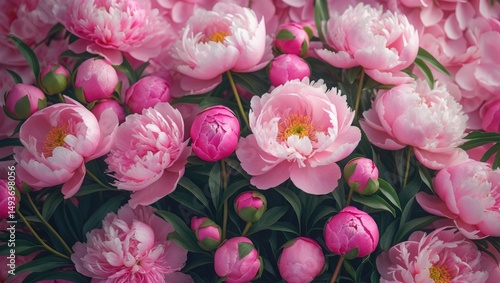 Pastel floral card featuring blooming delicate peonies, summer festive backdrop, soft and toned, selective focus