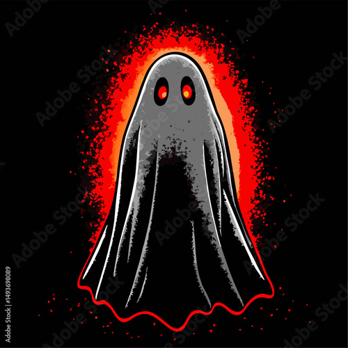 Glowing red eyed ghost in a sheet halloween illustration