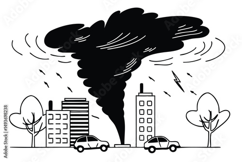Powerful tornado destroying buildings. Vector illustration for disaster reports, posters, or extreme weather concepts