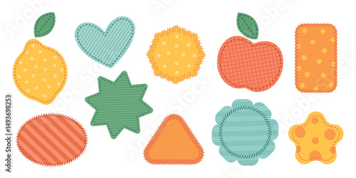 Cloth stitched decorative patches. Different shapes textile pieces, wearing repairs, patching holes, various seams, repair and decoration of children clothes, garish vector set