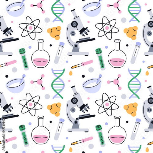 Chemistry tools seamless pattern. Scientific laboratory equipment, repeated test tubes, flasks and microscopes. Textile, wrapping paper, wallpaper. Print for fabric garish vector background
