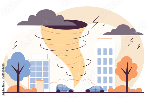 Destructive tornado striking urban cityscape. Weather disasters, apocalyptic scenes
