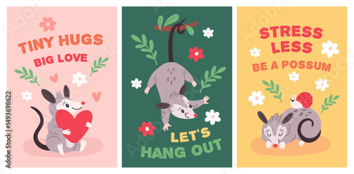 Cartoon possum cards. Funny opossum with cute inscriptions, wild animal cute character, happy mascot, fluffy marsupial rodent, childish prints and posters, smiling mammals garish vector set
